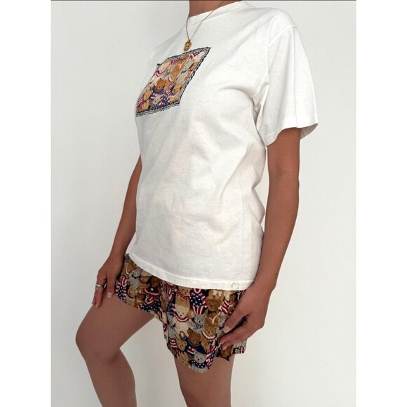 90s vintage teddy bear print USA patriotic tshirt mini shorts matching coord set - Picture 3 of 9